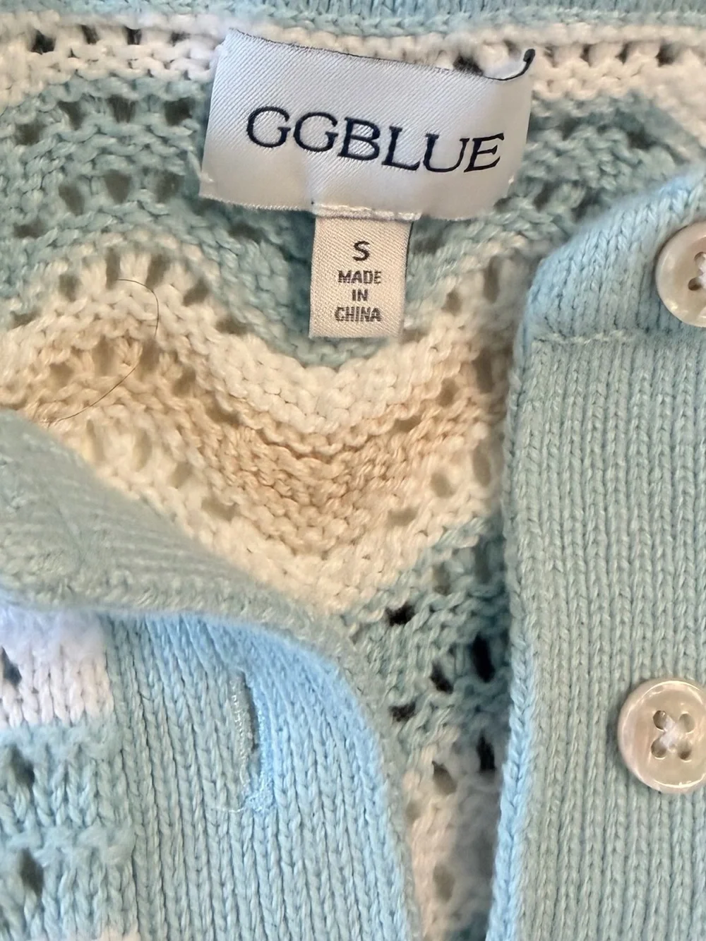GG Blue Knit Polo Shirt  Pastel Blue Chevron Wave Crochet Short Sleeve Cotton 🩵